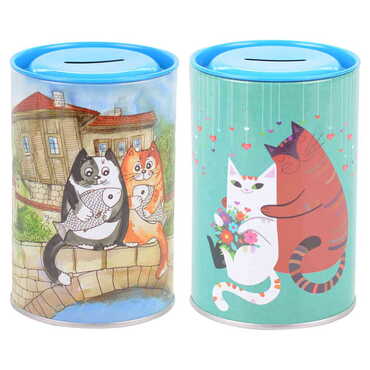 Cat Themed Customised Kids Tin Round Coin Box 83x83x125 mm - 3