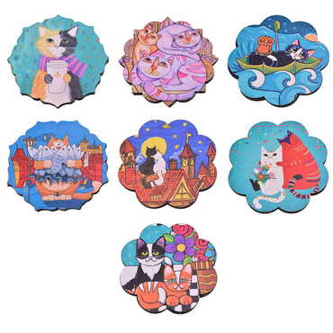 Cat Themed Wooden Customised Souvenir Coaster Set of 4 pcs 90 mm - 2