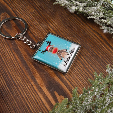 Christmas Themed Metal Square Shaped Double Sided Keychain 36x95 mm - Myros