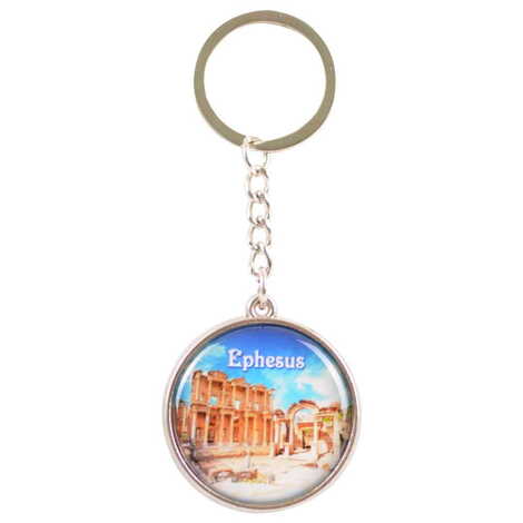 Ephesus Themed Metal Double Face Round Keychain 40x95 mm - 8