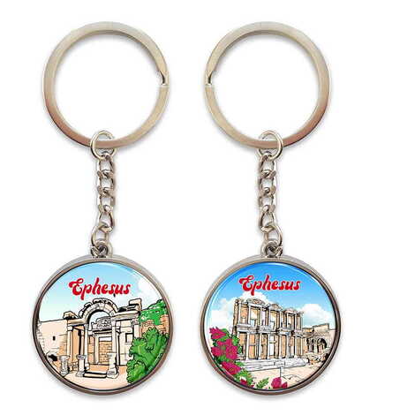 Ephesus Themed Metal Double Face Round Keychain 40x95 mm - 10