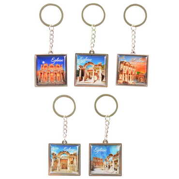 Ephesus Themed Metal Square Shaped Double Face Keychain 36x95 mm - 2