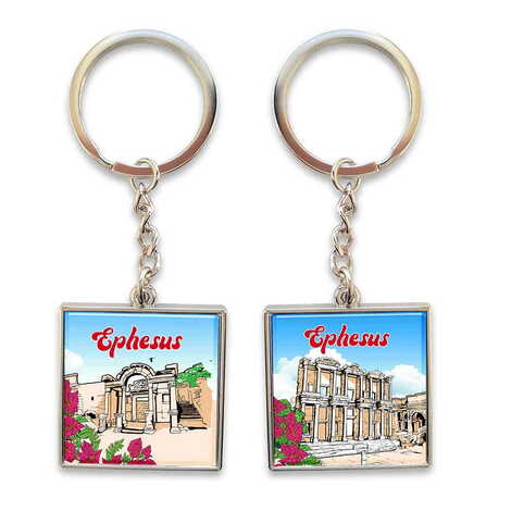 Ephesus Themed Metal Square Shaped Double Face Keychain 36x95 mm - 8