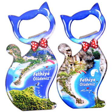 Fethiye Themed Cat Shaped Metal Magnetic Bottle Opener 97x48 mm - 3