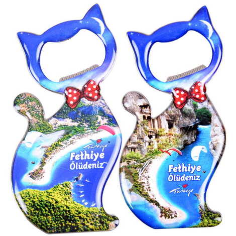 Fethiye Themed Cat Shaped Metal Magnetic Bottle Opener 97x48 mm - 3