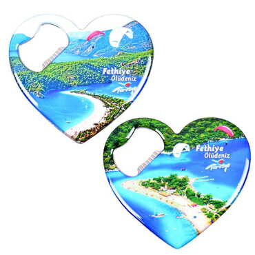 Fethiye Themed Heart Shaped Metal Magnetic Bottle Opener 85x76 mm - 3