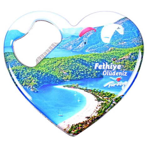 Fethiye Themed Heart Shaped Metal Magnetic Bottle Opener 85x76 mm - 4