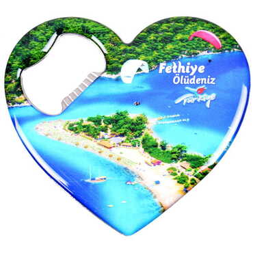 Fethiye Themed Heart Shaped Metal Magnetic Bottle Opener 85x76 mm - 5