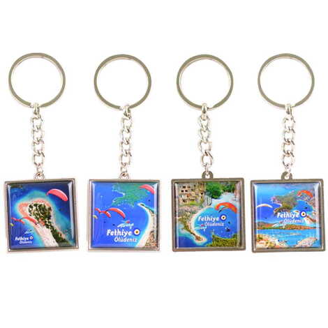 Fethiye Themed Metal Square Shaped Double Face Keychain 36x95 mm - 2