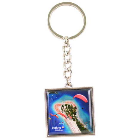 Fethiye Themed Metal Square Shaped Double Face Keychain 36x95 mm - 3