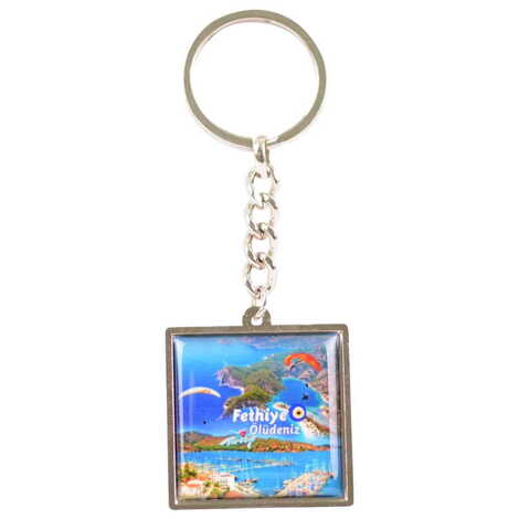 Fethiye Themed Metal Square Shaped Double Face Keychain 36x95 mm - 4