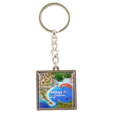 Fethiye Themed Metal Square Shaped Double Face Keychain 36x95 mm - 6