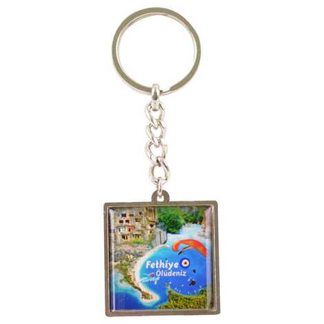 Fethiye Themed Metal Square Shaped Double Face Keychain 36x95 mm - 6