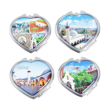 Hatay Themed Customised Metal Epoxy Travel Make Up Compact Heart Shaped Mirror 70x65x8 mm - 2