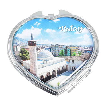 Hatay Themed Customised Metal Epoxy Travel Make Up Compact Heart Shaped Mirror 70x65x8 mm - 3