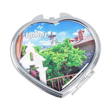 Hatay Themed Customised Metal Epoxy Travel Make Up Compact Heart Shaped Mirror 70x65x8 mm - 4