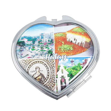 Hatay Themed Customised Metal Epoxy Travel Make Up Compact Heart Shaped Mirror 70x65x8 mm - 6