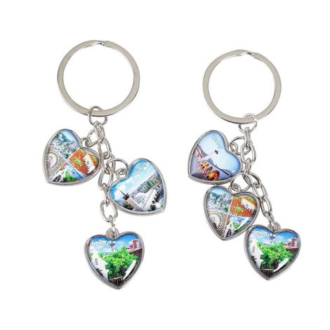 Hatay Themed Metal Keychain With 3 Charms - Heart 40x85 mm - 2