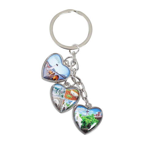 Hatay Themed Metal Keychain With 3 Charms - Heart 40x85 mm - 3