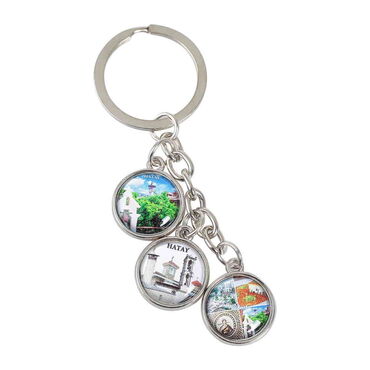 Hatay Themed Metal Keychain With 3 Charms - Round 40x90 mm - 3