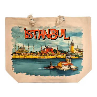 Toptan İstanbul Temalı Dijital Baskılı Kanvas Plaj Çantası 35x40 cm - 12