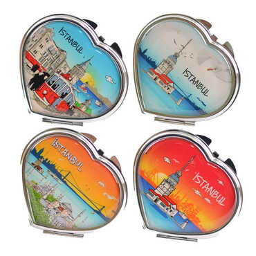 Istanbul Themed Customised Metal Epoxy Travel Make Up Compact Heart Shaped Mirror 70x65x8 mm - 3