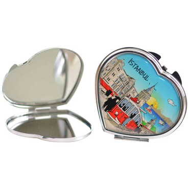 Istanbul Themed Customised Metal Epoxy Travel Make Up Compact Heart Shaped Mirror 70x65x8 mm - 4