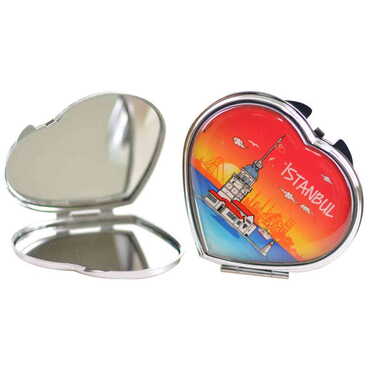 Istanbul Themed Customised Metal Epoxy Travel Make Up Compact Heart Shaped Mirror 70x65x8 mm - 5