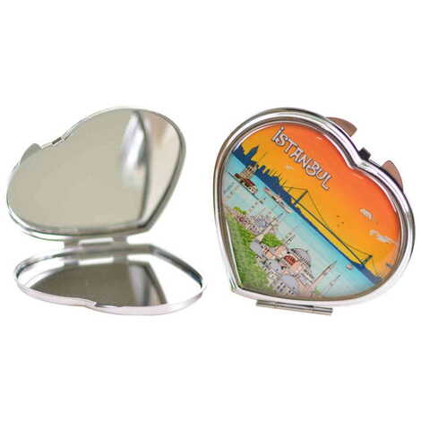 Istanbul Themed Customised Metal Epoxy Travel Make Up Compact Heart Shaped Mirror 70x65x8 mm - 6