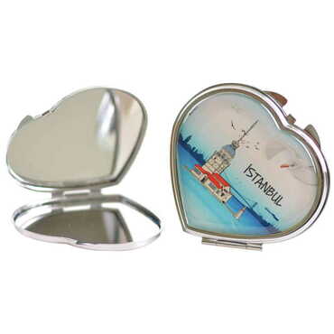 Istanbul Themed Customised Metal Epoxy Travel Make Up Compact Heart Shaped Mirror 70x65x8 mm - 7