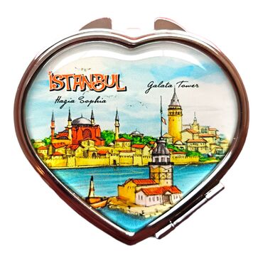 Istanbul Themed Customised Metal Epoxy Travel Make Up Compact Heart Shaped Mirror 70x65x8 mm - 8