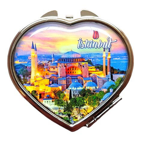 Istanbul Themed Customised Metal Epoxy Travel Make Up Compact Heart Shaped Mirror 70x65x8 mm - 9