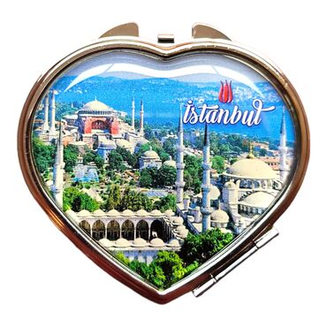 Istanbul Themed Customised Metal Epoxy Travel Make Up Compact Heart Shaped Mirror 70x65x8 mm - 10