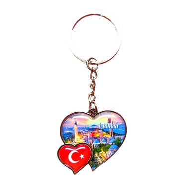 Istanbul Themed Metal Double Heart Shaped Keychain 40x94 mm - 3