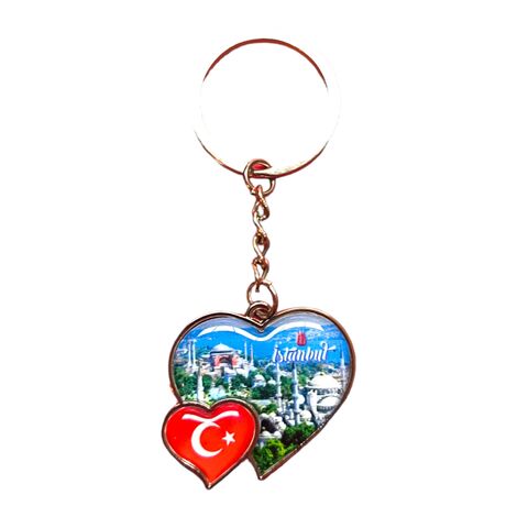 Istanbul Themed Metal Double Heart Shaped Keychain 40x94 mm - 4