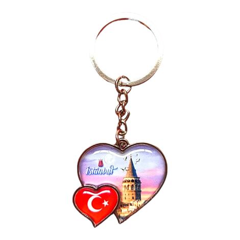 Istanbul Themed Metal Double Heart Shaped Keychain 40x94 mm - 5