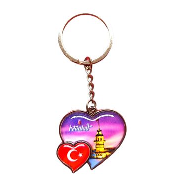 Istanbul Themed Metal Double Heart Shaped Keychain 40x94 mm - 6