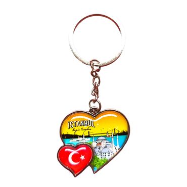 Istanbul Themed Metal Double Heart Shaped Keychain 40x94 mm - 7