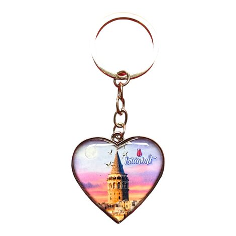 Istanbul Themed Metal Heart Keychain 40x90 mm - 4