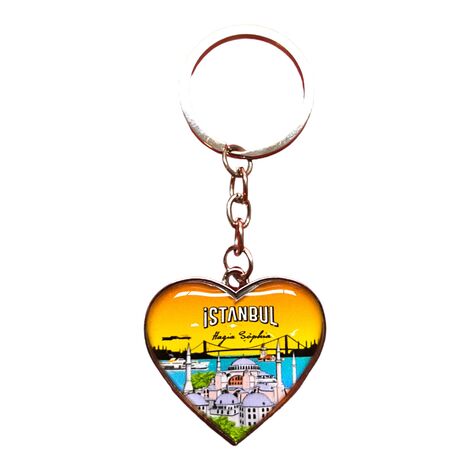 Istanbul Themed Metal Heart Keychain 40x90 mm - 5