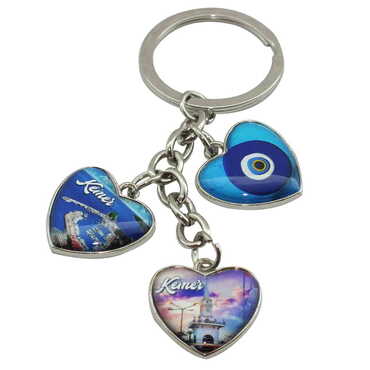 Kemer Themed Metal Keychain With 3 Charms - Heart 40x85 mm - 3