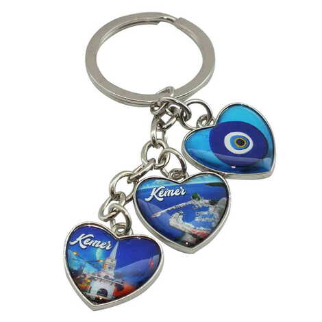 Kemer Themed Metal Keychain With 3 Charms - Heart 40x85 mm - 4