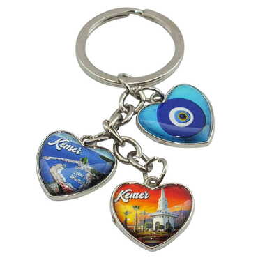 Kemer Themed Metal Keychain With 3 Charms - Heart 40x85 mm - 5