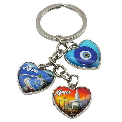 Kemer Themed Metal Keychain With 3 Charms - Heart 40x85 mm - 5