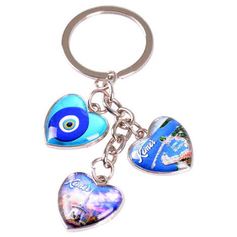 Kemer Themed Metal Keychain With 3 Charms - Heart 40x85 mm - 6