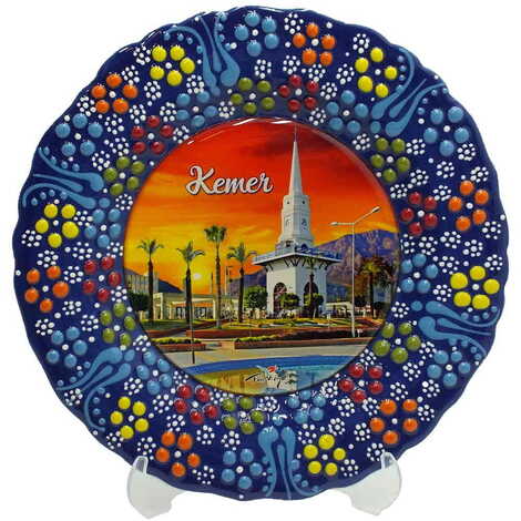 Kemer Themed Turkish Ceramic Plate With Epoxy 18 Cm - 8