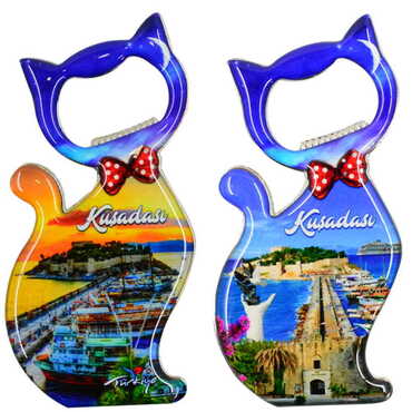 Kusadasi Themed Cat Shaped Metal Magnetic Bottle Opener 97x48 mm - 3