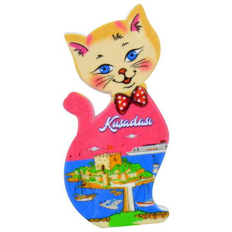 Kusadasi Themed Customised UV Printed Plastic Base Cat Shaped Fridge Magnet 43x87 mm - 5