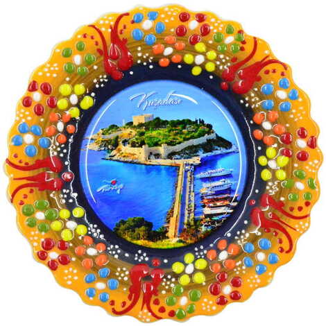 Kusadasi Themed Turkish Ceramic Plate With Epoxy 18 Cm - 5