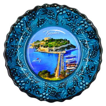 Kusadasi Themed Turkish Ceramic Plate With Epoxy 18 Cm - 6